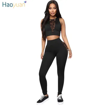 

HAOYUAN Lace Splice Two Piece Set Summer Clothes for Women Tracksuit Crop Top Pant Sweat Suits Sexy Club Outfits Matching Sets