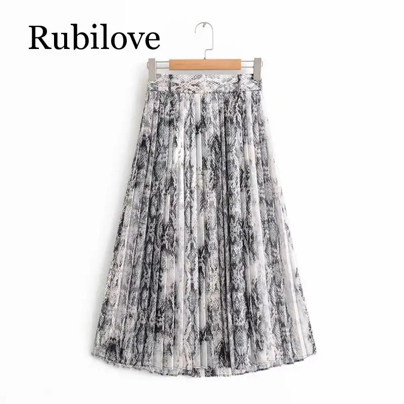 

Rubilove Women American Style Snake Print High Waist Long Pleated Skirt Mid-calf Length Female High Street Skirt with Sashes