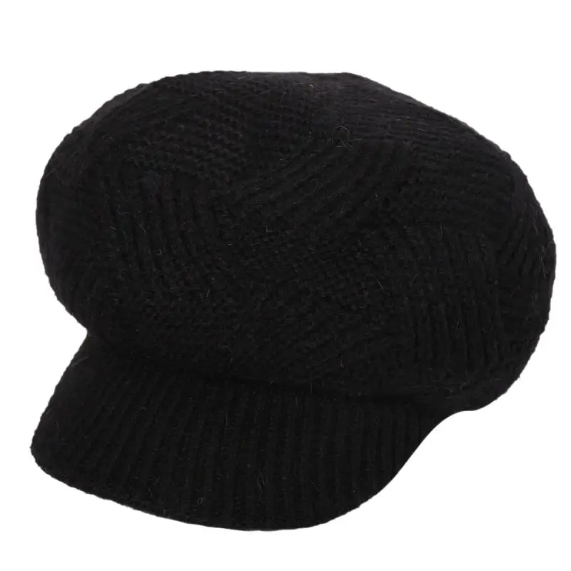 Зимние шапки, одноцветные вязаные Восьмиугольные кепки Newsboy, Женская разноцветная Повседневная шапка - Цвет: Черный