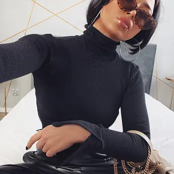 

ArtSu Women Winter Shirts Femme Long Sleeve Basic Tshirt Turtle Neck Tee Shirt Black Womens T shirt Tops Streetwear ASTS21339