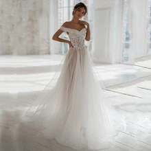 Fivsole A Line Satin And Tulle Wedding Dress 2021 Off Shoulder Short Sleeves V Neck Lace Appliques Bridal Gowns With Buttons