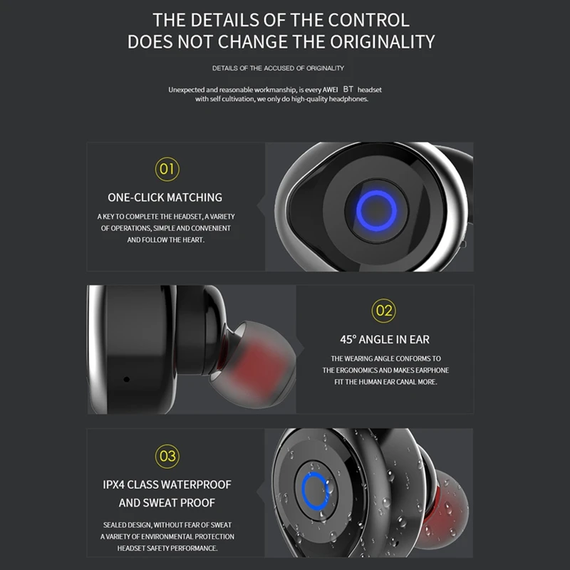 Оригинальные AWEI T1 TWS Bluetooth наушники беспроводные отдельные бинауральные наушники мини HiFi стерео водонепроницаемая Спортивная гарнитура с микрофоном