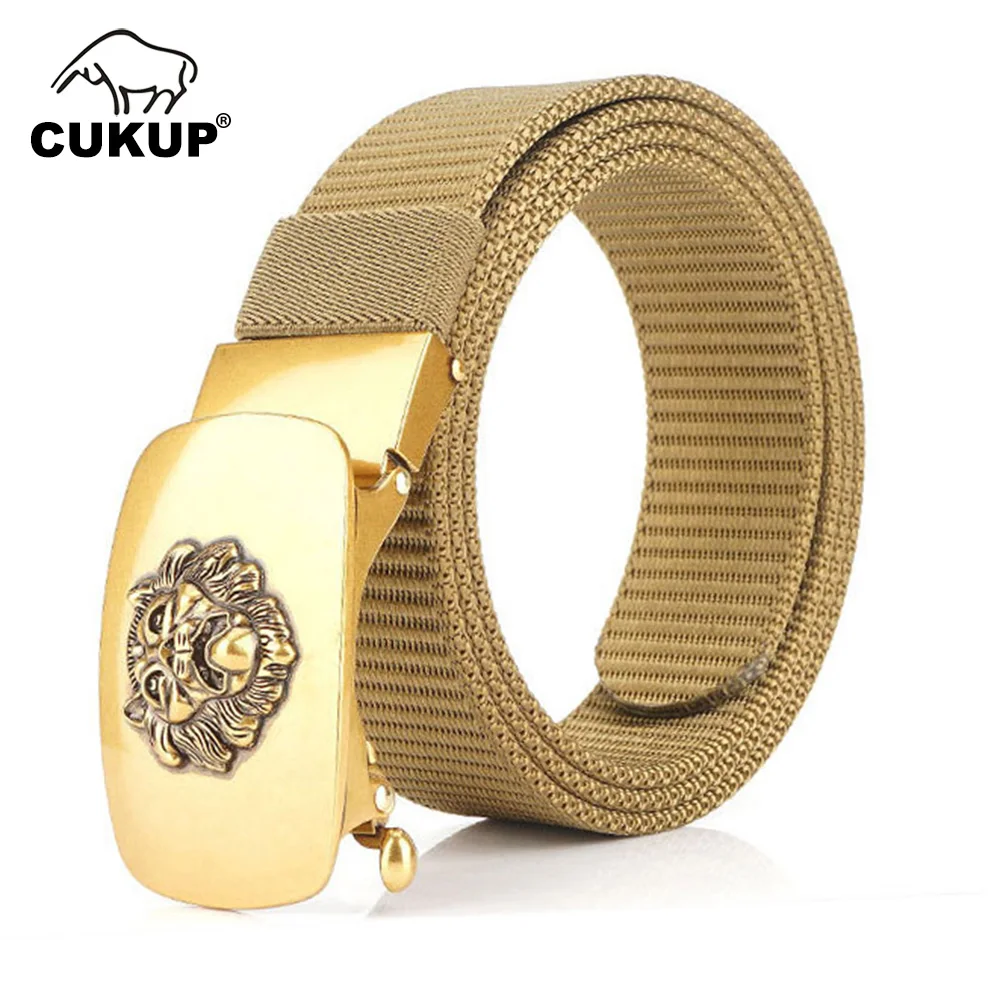

CUKUP New Arrival Unique Design Alloy Lion Head Buckle Metal Belts High Quality Nylon Canvas Belt for Men 3.5cm Width CBCK172