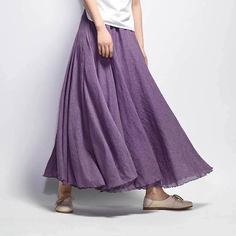 

95cm Summer Vintage Skirts Women Super Large Swing Cotton Linen Pleated Faldas High Waist Long Maxi Tutu Skirt Jupe Longue