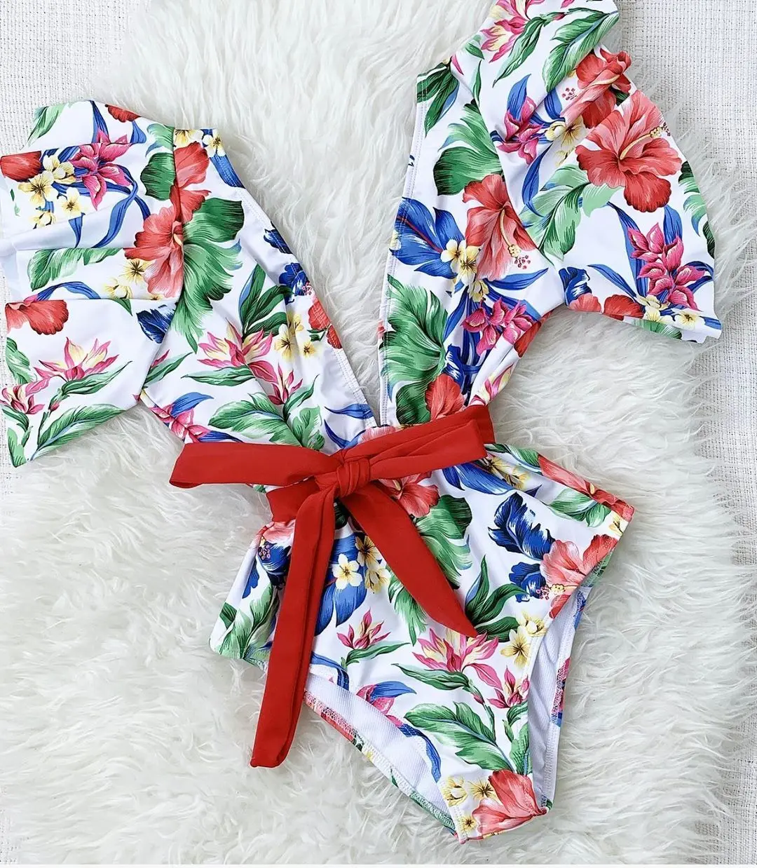 2020 Sexy Swimwear Women One Piece Swimsuit Ruffle Push Up Bandage BodySuit Beachwear V Neck Bathing Suit Female Swimming Suit