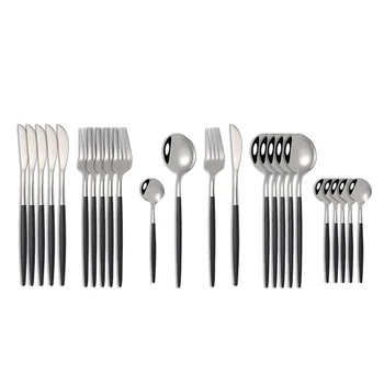 

24Pcs Cutlery Set Stainless Steel Dinner Black silves Dinnerware Tableware Knife Fork Spoon For Dinner party kitchen Flatware
