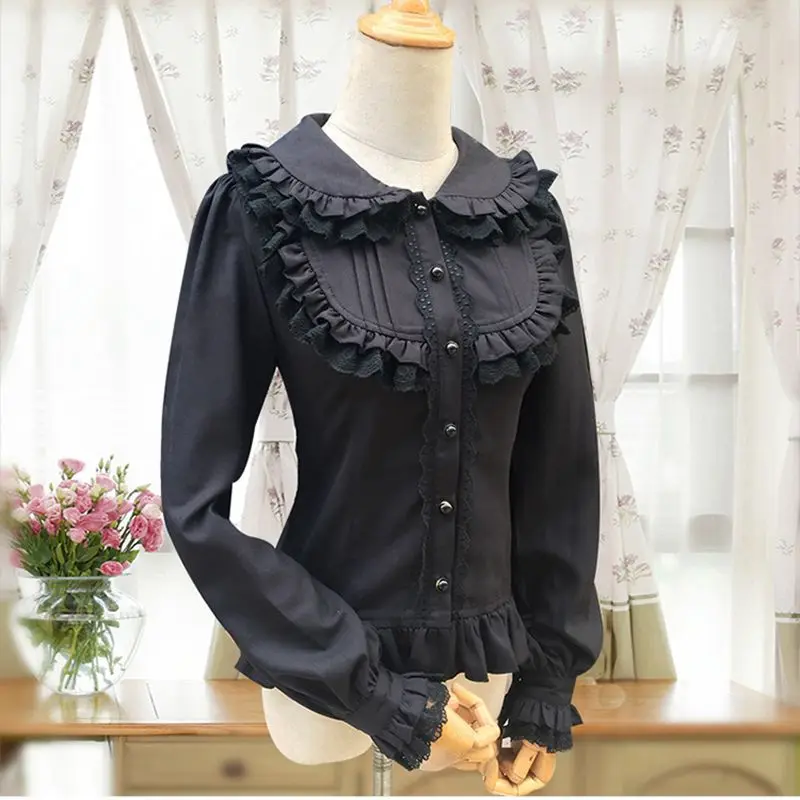 halloween costumes Spring and autumn blouse bubble long sleeve with Vintage Linen Chiffon back strap Lolita blouseA0018 sexy costumes for women