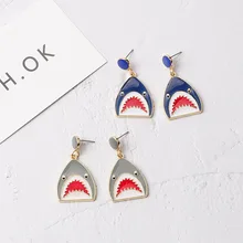 Hello Miss, милые серьги-гвоздики из сплава в виде масляных капель с изображением акулы, забавные серьги в виде сто животных, модные женские серьги, ювелирные изделия