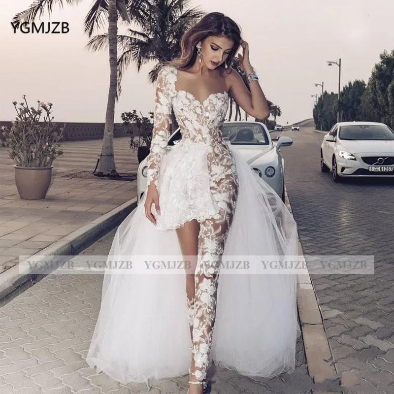 Sexy Boho Bohemian Short Wedding Dress 2020 Long Sleeves See Through Lace Overskirts Bride Dress With Pants Robe De Mariee