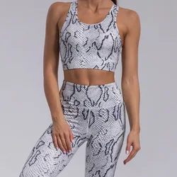Women 2 Piece Snakeskin Yoga Set Fitness Tracksuit Quick Drying Workout Clothes Pocket Sport Vest Running Trousers Gym Clothing