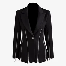 Multi Zipper Heavy Industry Women Black Blazer Notched Collar Long Sleeve Slim OL Style Female Blazers