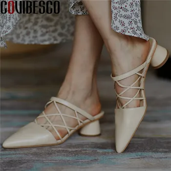 

COVIBESCO Women High Quality Slippers Mules Pointed Toe Genuine Leather Basic Shoes Thick Heel Sandals Thick Heels Shoes Woman