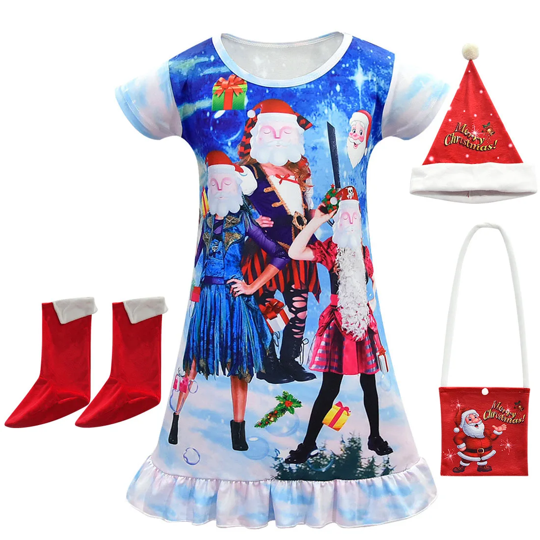 80154 shoes 4PCS Рождественская Европейская и американская мода, длинное платье с героями мультфильмов, шляпа, обувь, перчатки, сумка, Рождественская Ночная одежда для костюмированной вечеринки - Цвет: 80154 shoes 4PCS