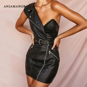 

ANJAMANOR Black PU Leather Belted One Shoulder Mini Dress Moto Sexy Bodycon Dresses Woman Party Night Club Wear D92-BC16