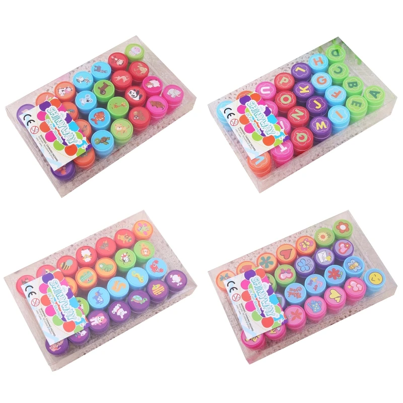 

26Pcs Cute Cartoon Various Round Stamp Seal Self Inking Scrapbooking Plate Ink Pads Stamper for Children Gifts Toys