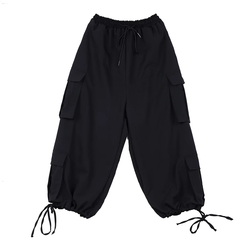 Men's new black multi-pocket pants with drawstring design hip-hop street style loose casual cargo pants