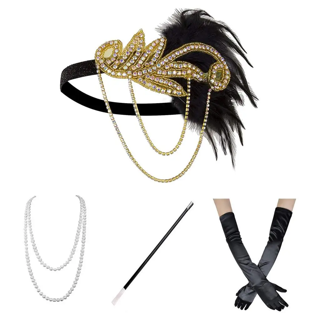 1920s костюм девушки-флаппера Gatsby аксессуары набор для женщин Ревущие 20 ободок с сережками ожерелье перчатки сигарета держатель золото, вино