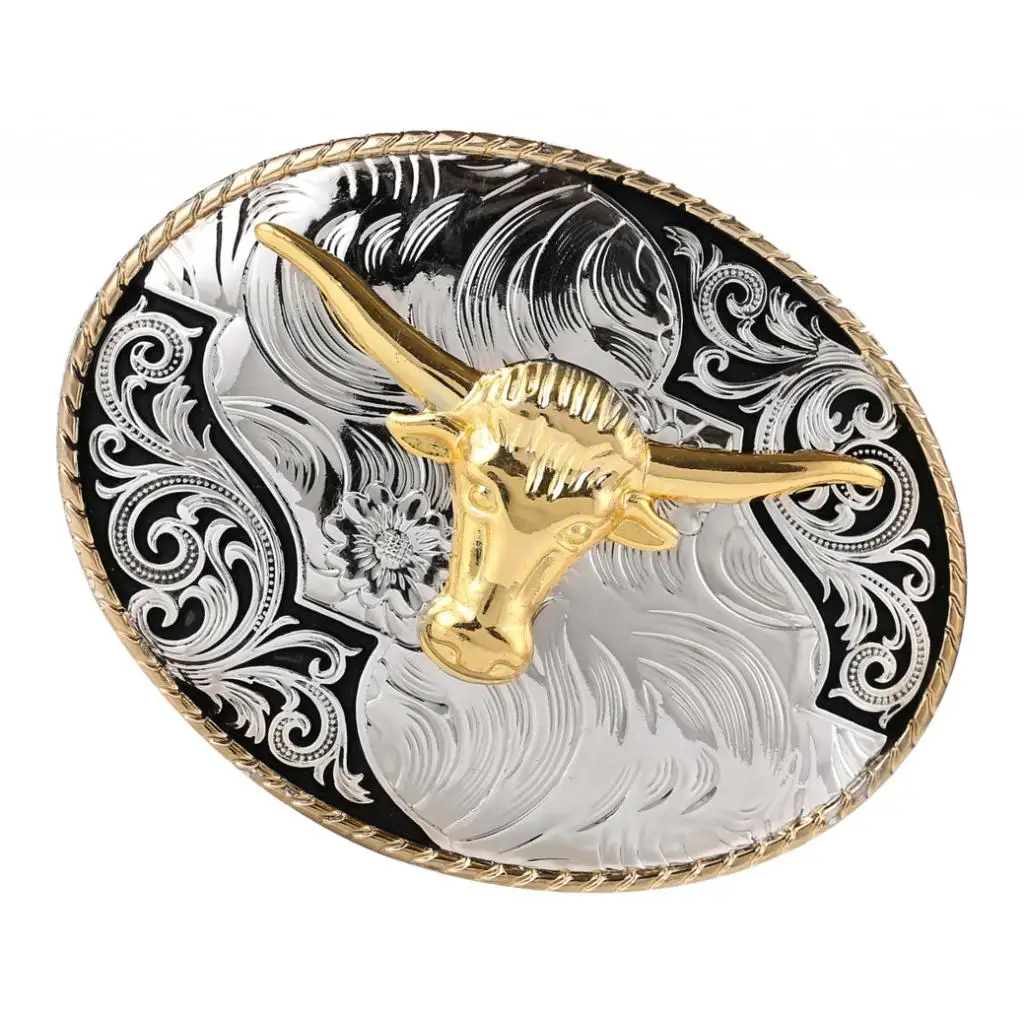 Fashion Western Belt Buckles Engraved Gold Horn Bull OX Head Rodeo Cowboy