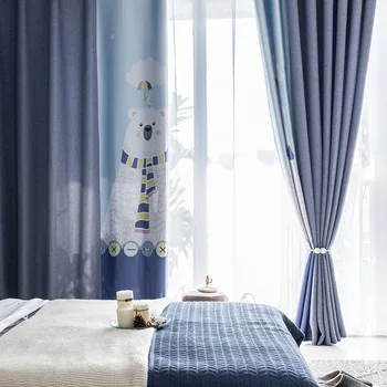 

Living Room Thick Blue Bear Linen Shade Cloth Curtain Modern Stitching Curtain Finished Product Customization