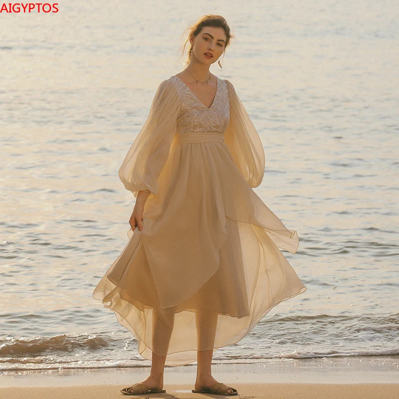 

Original Design AIGYPTOS Spring Women Dresses Bohemian Beach Casual Elegant Slim Long Dresses Embroidery Sequins Vacation Dress