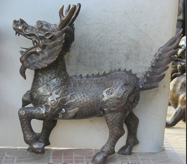 JP S0522 2" Китайский Бронзовый Дракон животное зверь Kylin Chi-lin Qilin Скульптура Статуя Пара