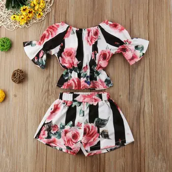 

Fashion Toddler Kids Girls Stripe Floral Tunic Tops Shorts Outfits Set Clothes