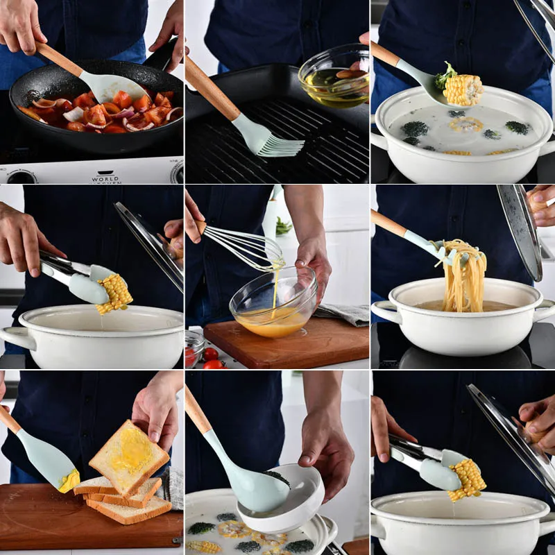 

Silicone Turner Tongs Spatula Soup Spoon Cooking Tools Set Kitchen Cooking Utensils 9/11Pcs Portable Food Grade Wooden Handle