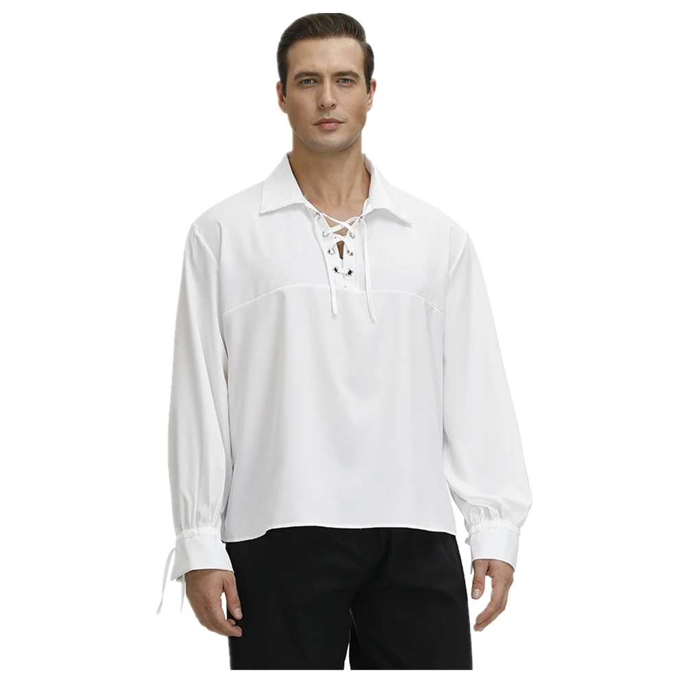 Пиратская рубашка для мужчин Ренессанс средневековая белая футболка пиратский костюм пышная рубашка - Цвет: white