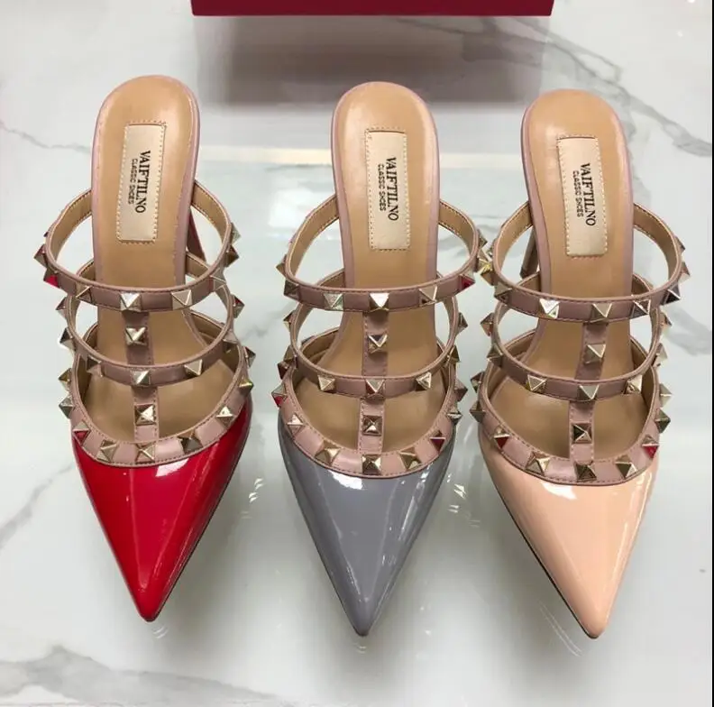 

v brand shoes women high heel sandals with rivets 6cm 8cm 10cm thin heel wedding shoes pointed toe One-word Baotou sandals 34-43