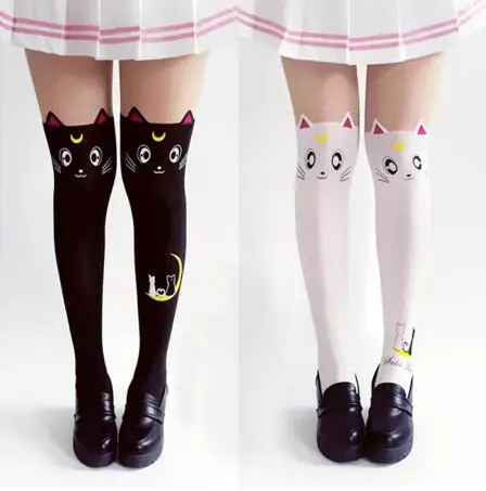 Аниме Sailor Moon Cosplay calcetines disfraz mujer Luna gato pantimedias de seda mallas medias negro blanco lindo ves|Колготки| |