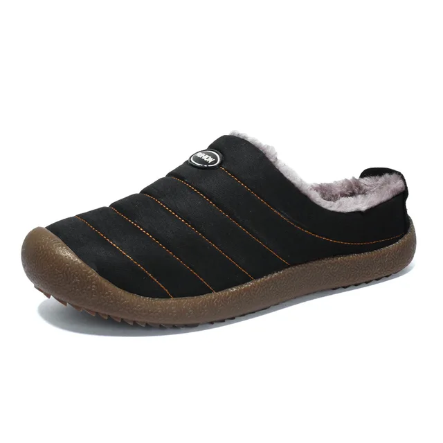 New Men's Slippers Indoor Warm Shoes Plush Flock Male Slippers For Home Hard-wearing Non-slip Outdoor Walking Mans Footwear Black