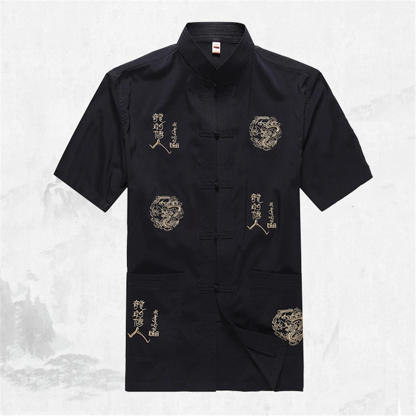 Summer Embroidery Dragon Print Blouse Tops Men Tang Suit Chinese Traditional Hanfu T Shirt Kung Fu Coat Father Oriental Cardigan