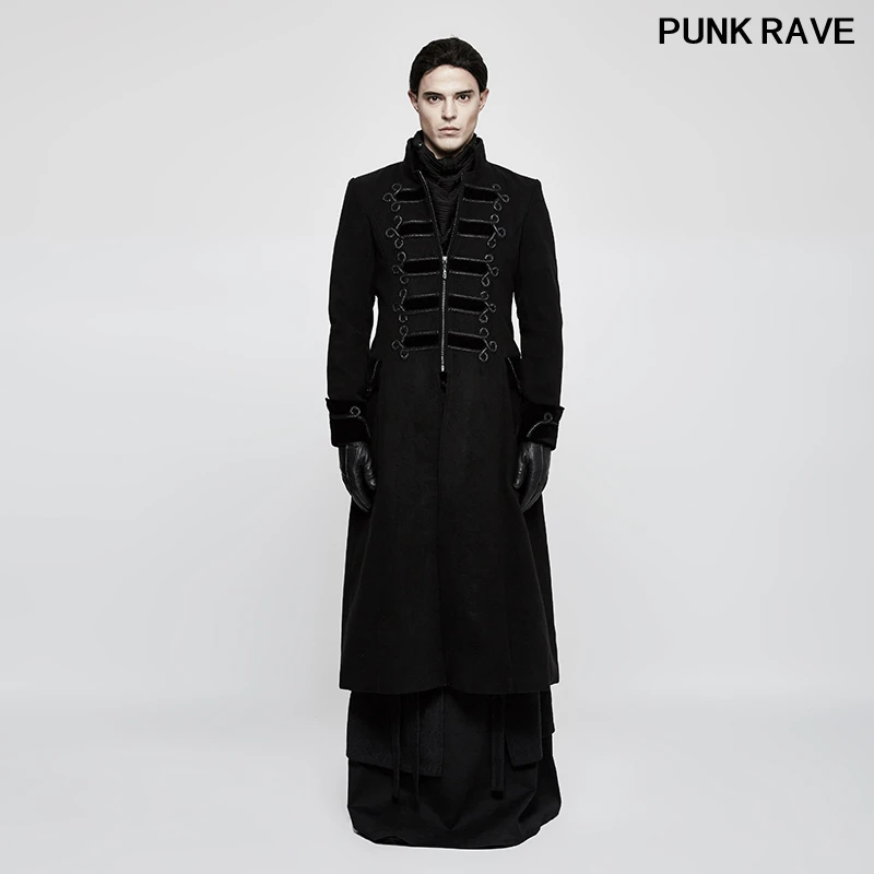 

Gothic classic black Military Uniform cool Coat Vintage Palace Winter Men Woolen Stage Performance Long Overcoat Punk Rave Y-798
