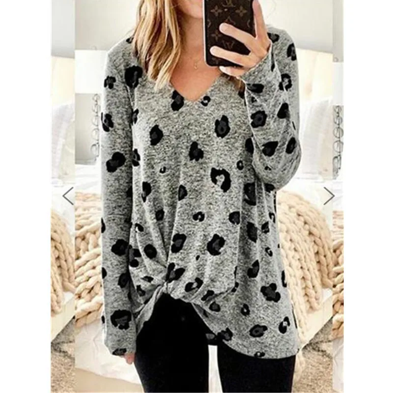 5XL, осенняя Женская длинная рубашка с v-образным вырезом и принтом,, модная футболка с длинными рукавами, элегантная женская блуза