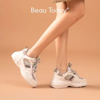 

BeauToday Chunky Sneakers Women Mesh Split Leather Cross-Tied Mixed Color Trainers Casual Ladies Increasing Shoes Handmade 29558