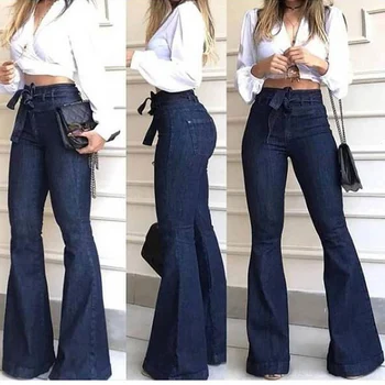 

Women High Waist Jeans Micro-elastic Flared Lace-up Comfortable Jeans Trousers H66