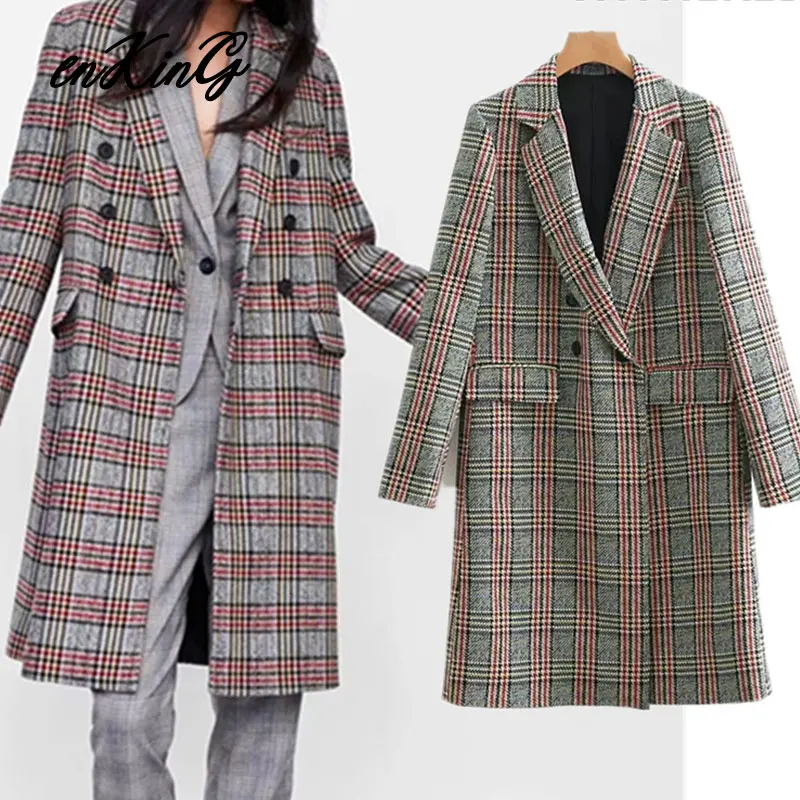 

2019 winter woolen overcoat women england style vintage plaid double breasted straight trench coat long coat women tops