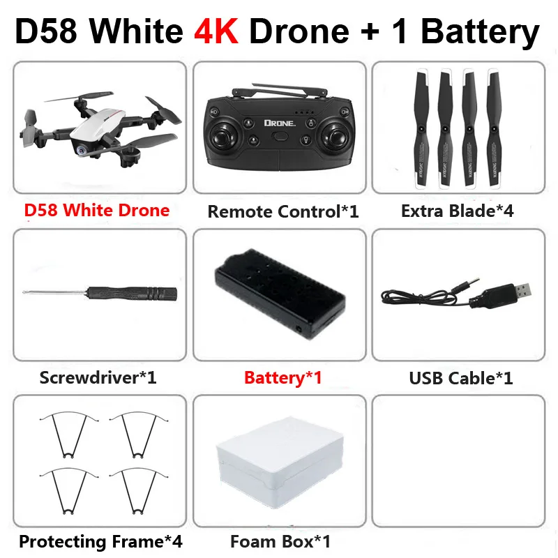 Новинка, профессиональный складной Дрон D58 с камерой, 4 K, 1080 P, HD, WiFi, FPV, оптический поток, RC Квадрокоптер, вертолет, игрушки, E520S, SG106 - Цвет: White 4K 1B