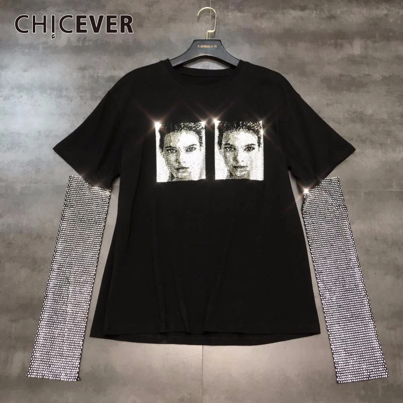 CHICEVER Лоскутная Бриллиантовая футболка с длинным рукавом Топы женские