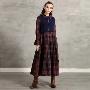 

2PCS Women's A line Dress 2020 Spring Vintage Cotton Women Plaid Dresses Peter Pan Collar Knitting Vest Combo Vestidos