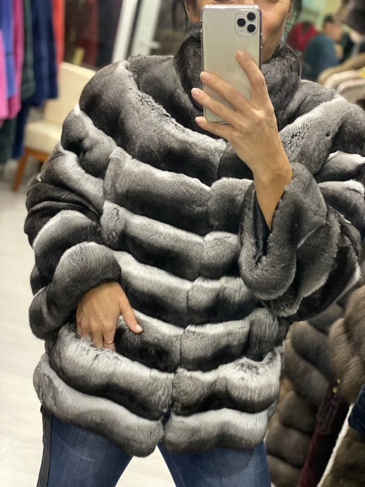 Furealux 60cm Rex rabbit fur coat natural Custom color Outwear real fur coat jacket thick warm enlarge long Chinchilla Coat