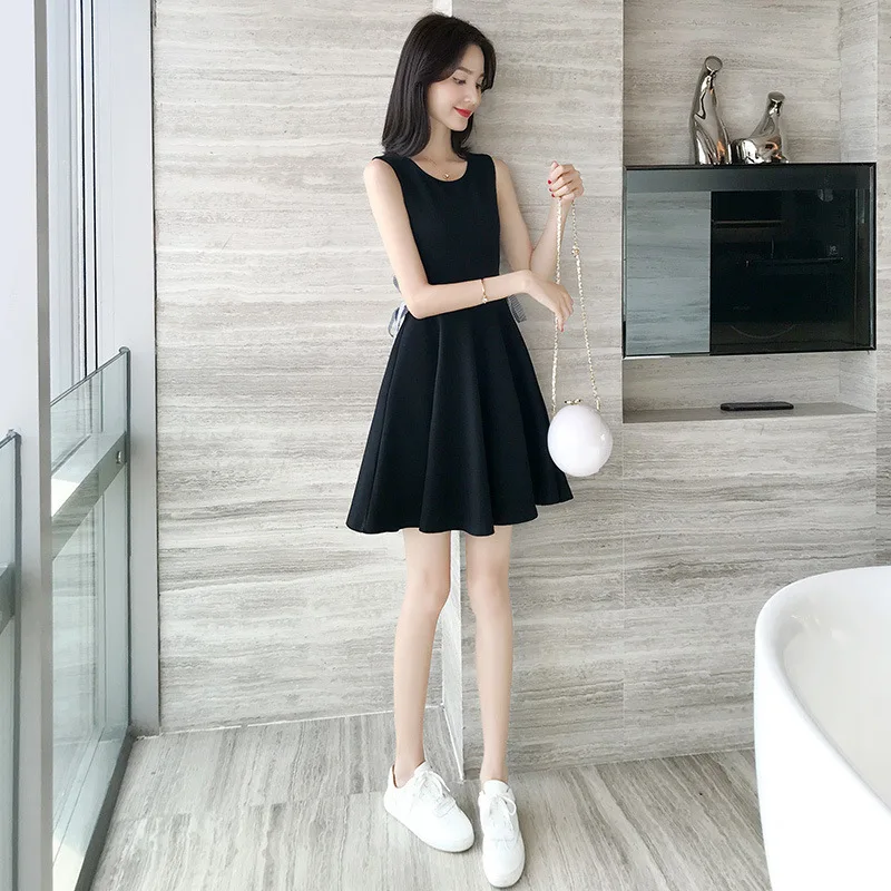 

2019 Summer New Style WOMEN'S Dress Sleeveless Black And White with Pattern Dress Fairy Immortal Slimming Korean-style Students