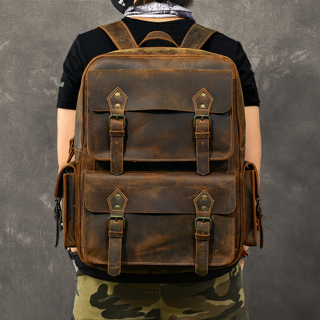 Large Capacity Leather Men’s Backpack Computer Bag Men Outdoor Retro Travel Backpacks Original Oversized Crazy Horse Leather Bag