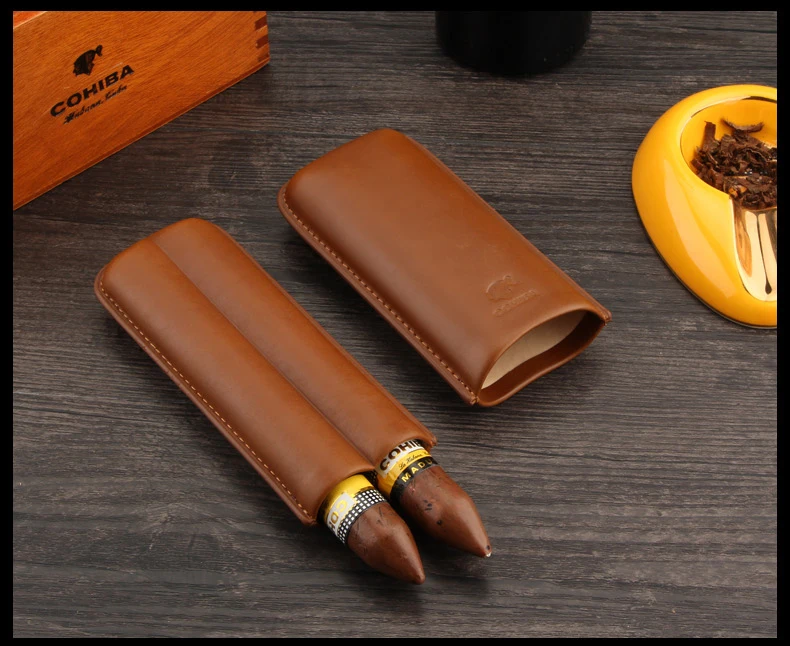 COHIBA Travel Leather Humidor Cigar Case 2 Tubes Cigar Box Portable Cigar Accessories With Gift Box