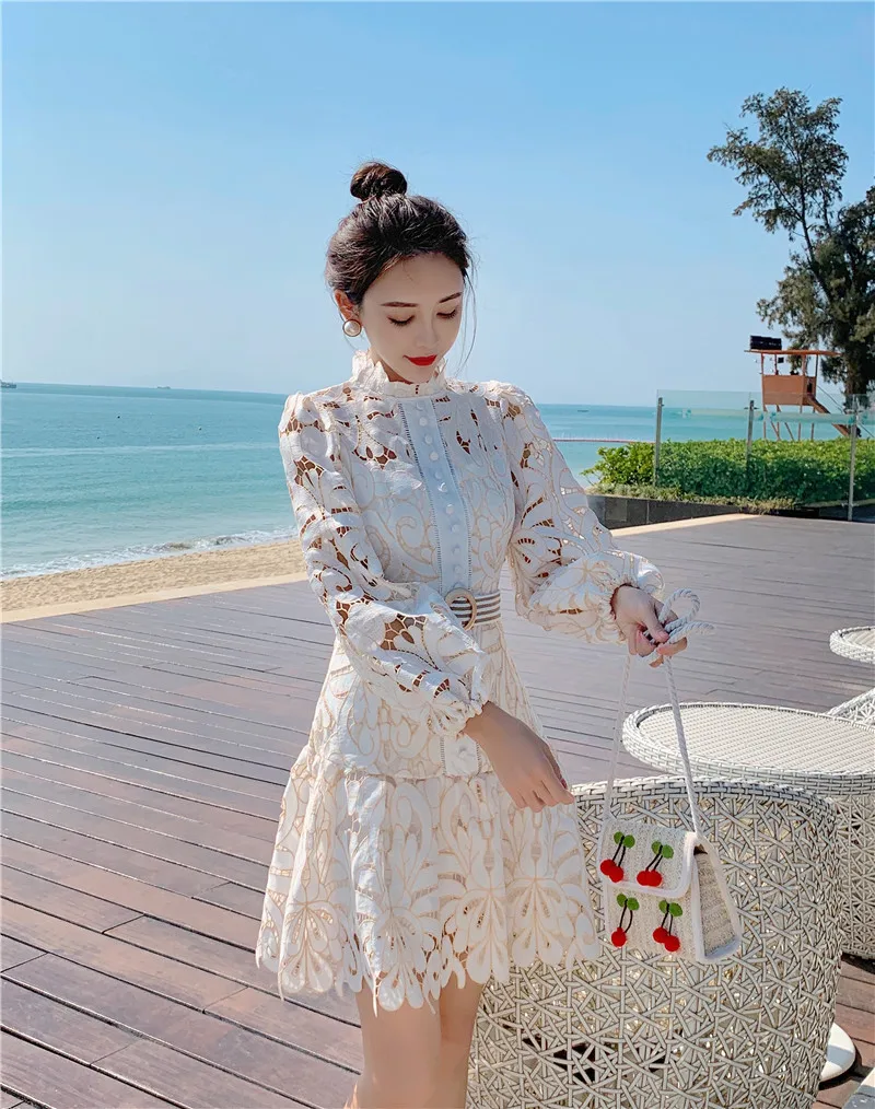 H03c3644391ee400c8d9bbd1f5461d73cJ - Spring / Autumn Stand Collar Puff Sleeves Hollow Out Lace Mini Dress With Belt