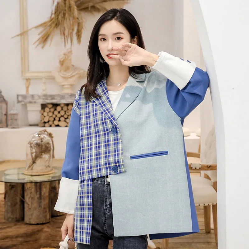 

Spring Autumn Loose Irregular Lattice Splice Hit color Blazers Women Single breasted Long sleeve Casual Office Ladies Suit coat