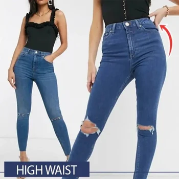 

Stretchy Knee Hole Ripped Jeans Women High Waist Skinny Jeans Trousers Daily Casual H9