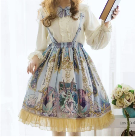 only skirt Японское студенческое милое платье в стиле Лолиты винтажное платье с оборками и бантом с высокой талией милое платье с принтом в викторианском стиле kawaii Готическая Лолита для девочек - Цвет: only skirt