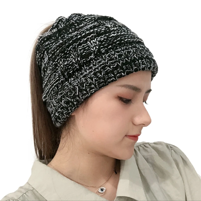 Cappello a cuffia lavorato a maglia all'uncinetto scozzese grosso scozzese da donna con foro per coda di cavallo Cappello alto con chignon disordinato Solido elasticizzato da sci da neve_voghion.com