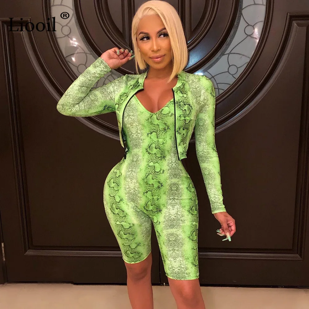 

Liooil Two Piece Set Tracksuit Women Sexy Club Outfits Fall 2019 Snake Print Long Sleeve Coat And Bodycon Playsuits Joggers Sets